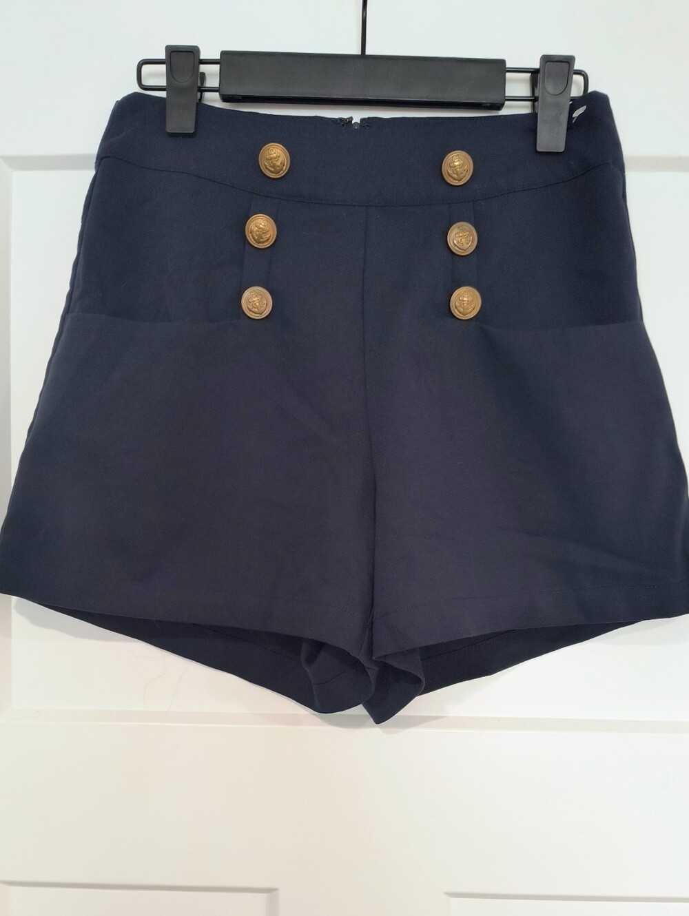 Unique Vintage Navy High-Waist Sailor Shorts with Gold Buttons